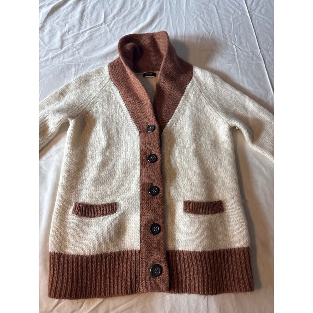 J.Crew Shawl Collar Cardigan Womens XS White Brown wool Colorblock 61219